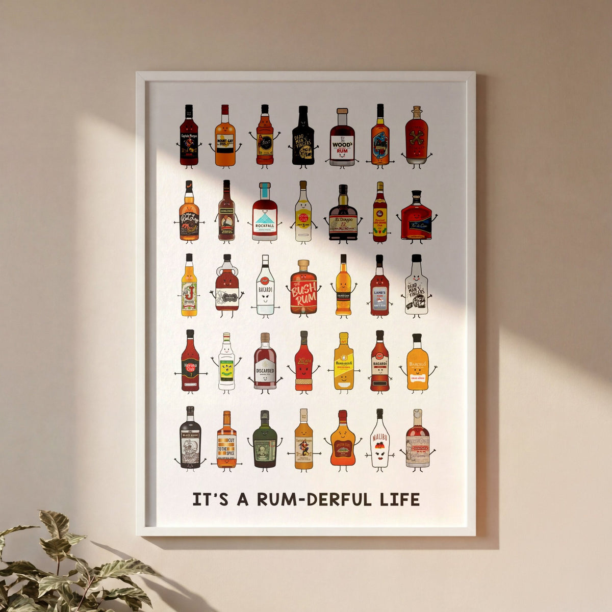 Framed poster with illustrations of rum bottles and text 'It's a Rum-derful Life' on a beige wall.