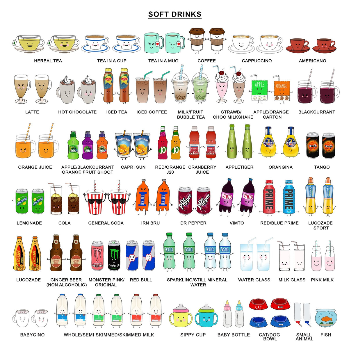 Illustrations of various soft drinks with cartoon characters on a white background