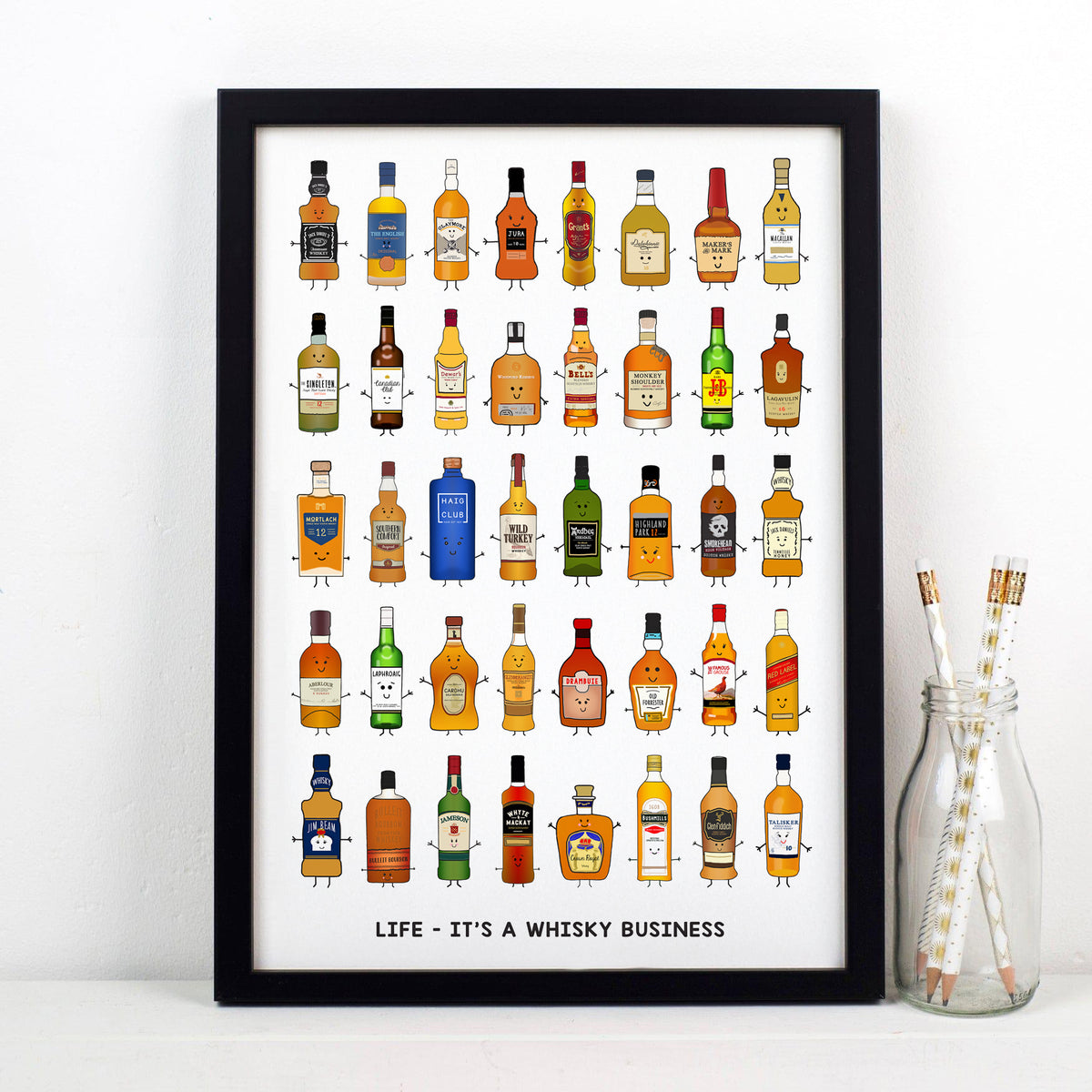 a collection of different whisky brands illustrated on a poster in a black frame on a white background