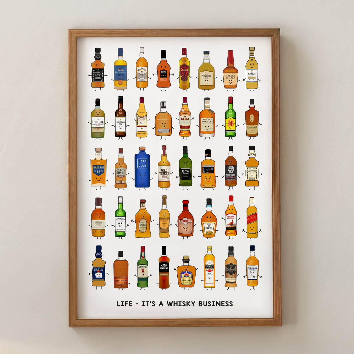 Framed poster of cartoon whiskey bottles with a humorous quote on a white background.