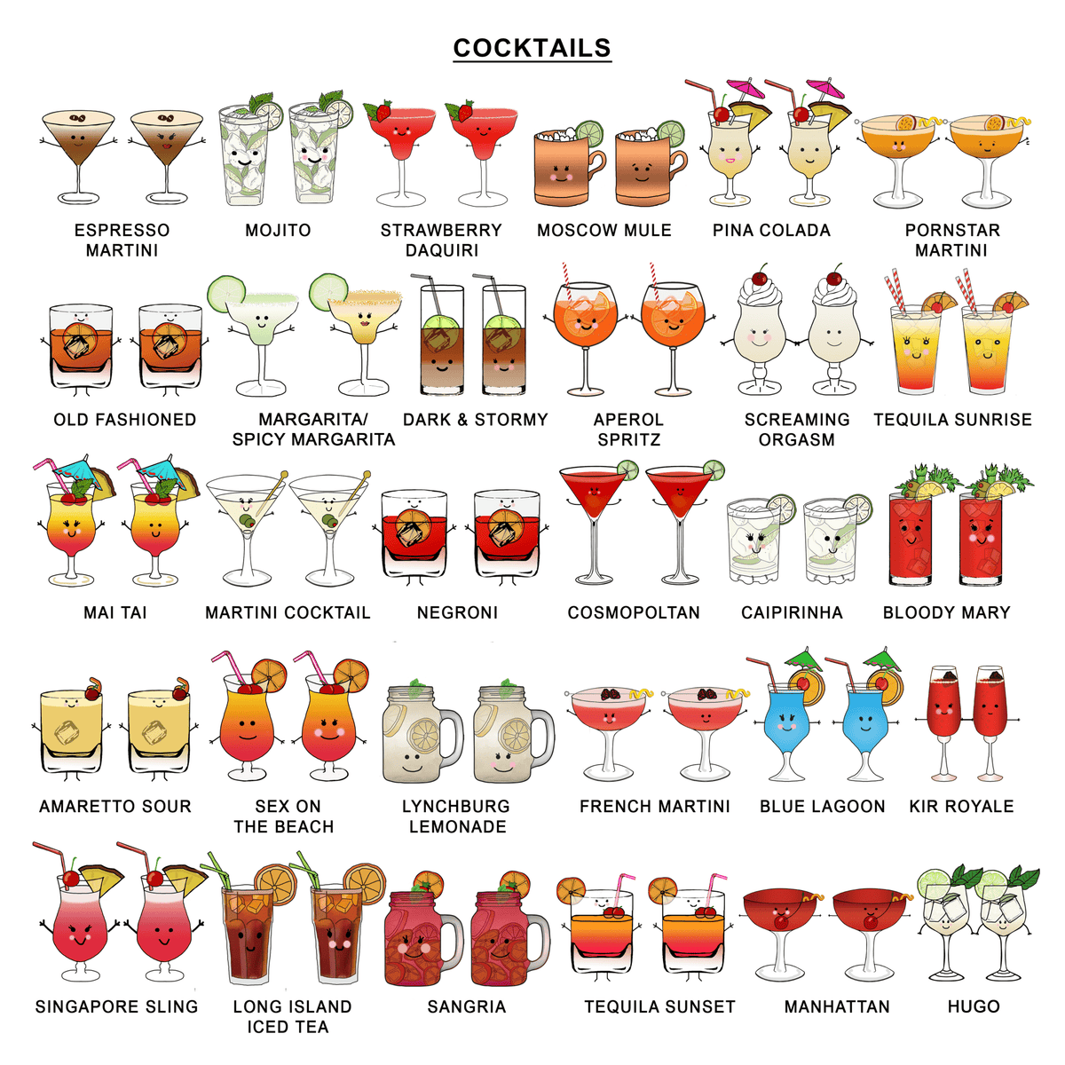 Illustrations of various cocktails with cartoon faces on a white background