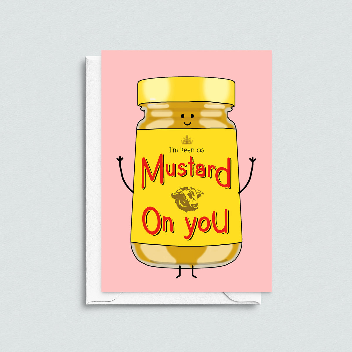 Valentine's card with a cartoon mustard jar on a pink background