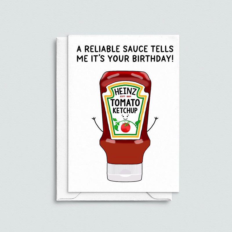 Birthday card with an illustration of a ketchup bottle and a funny pun