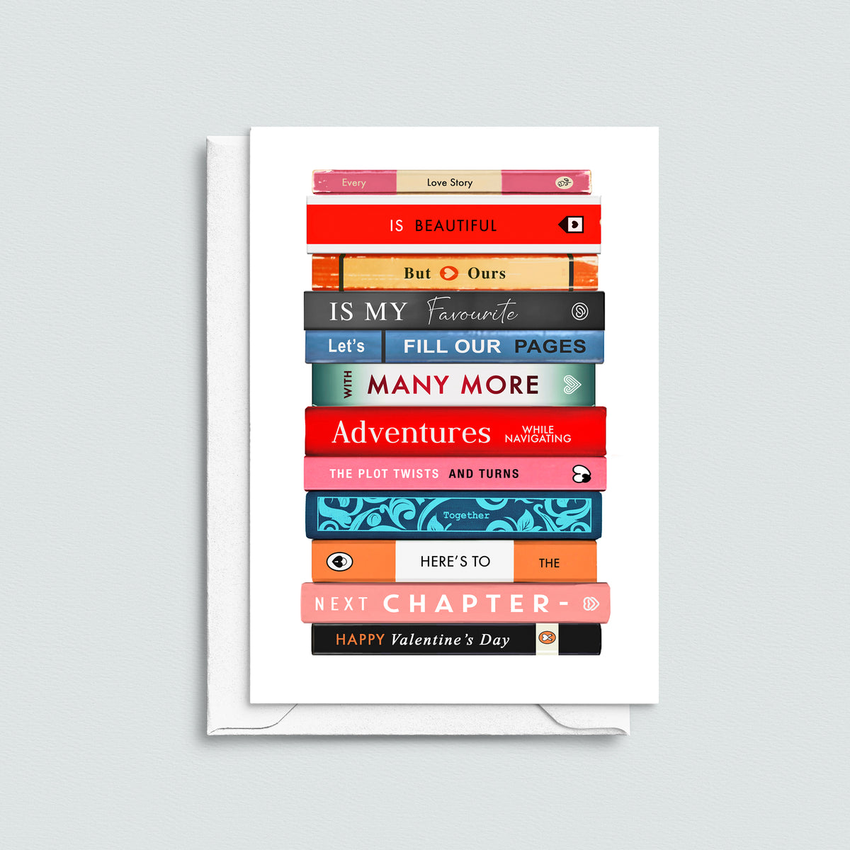 Valentine's Day card with book stack design on a light gray background