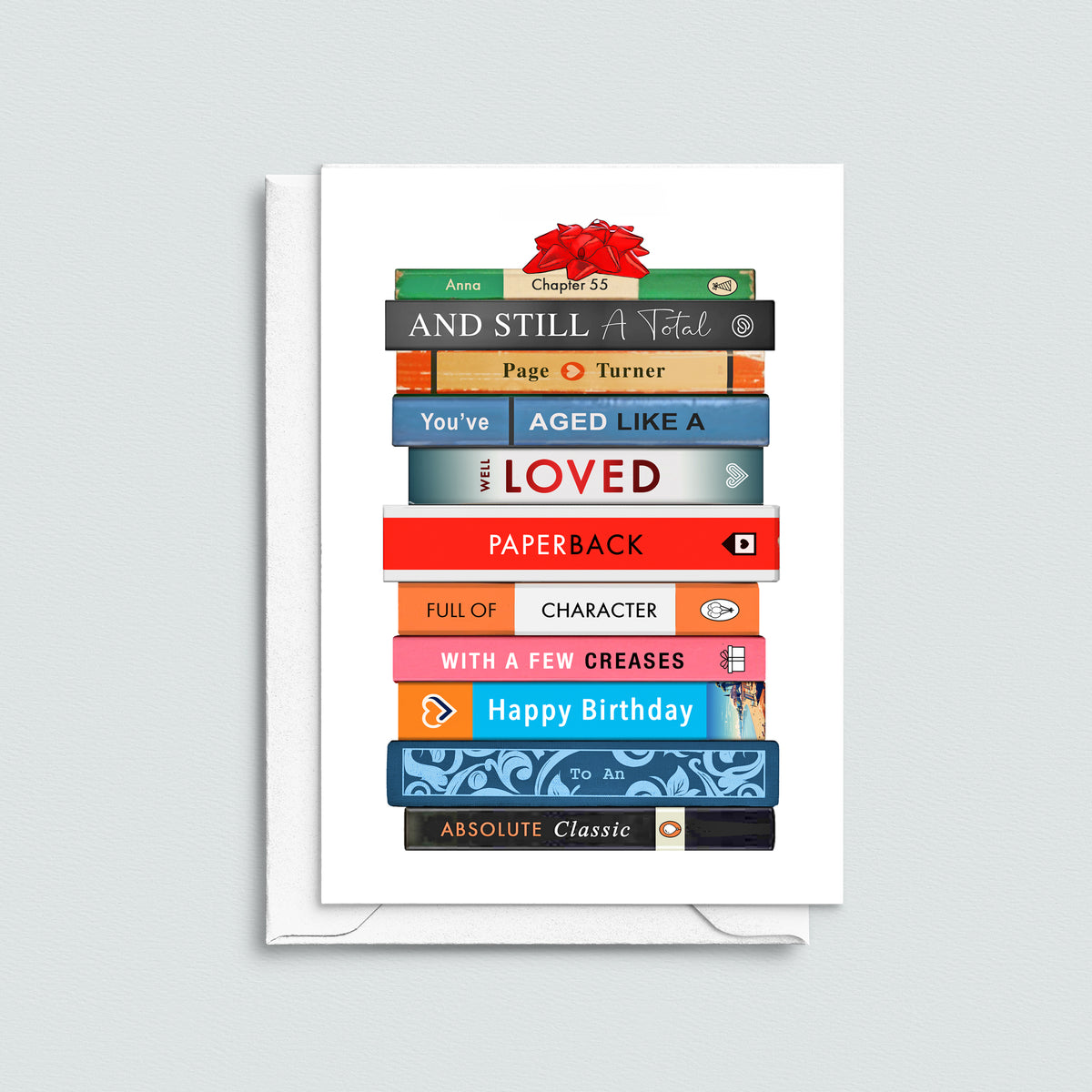 a literary themed personalised birthday card featuring illustrations of books with spines spelling out a birthday message. Perfect for book lovers