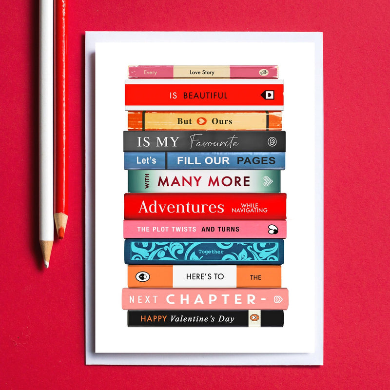 Valentine's Day card with book stack design on a red background