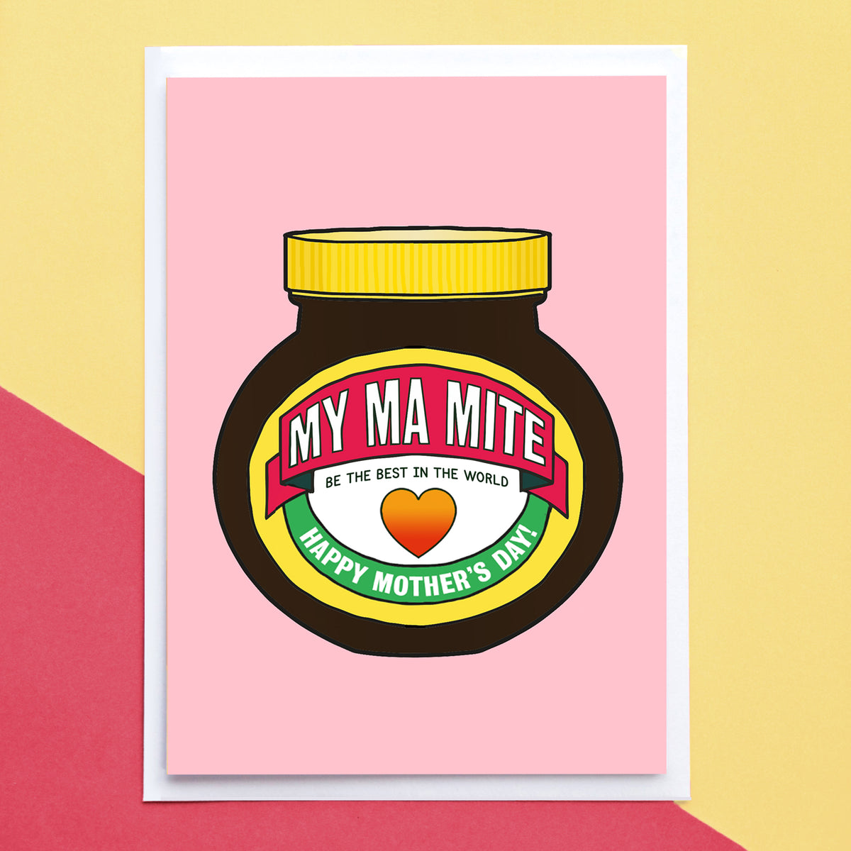 marmite themed mothers day card on a pink and yellow background with envelope