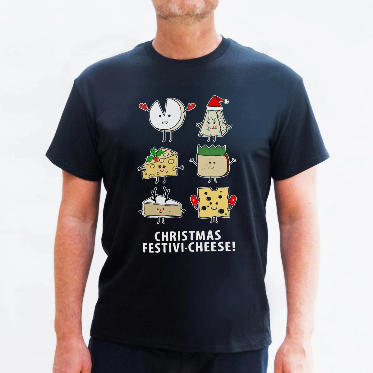Black t-shirt with cartoon cheese characters and 'Christmas Festivé-cheese!' text on a white background