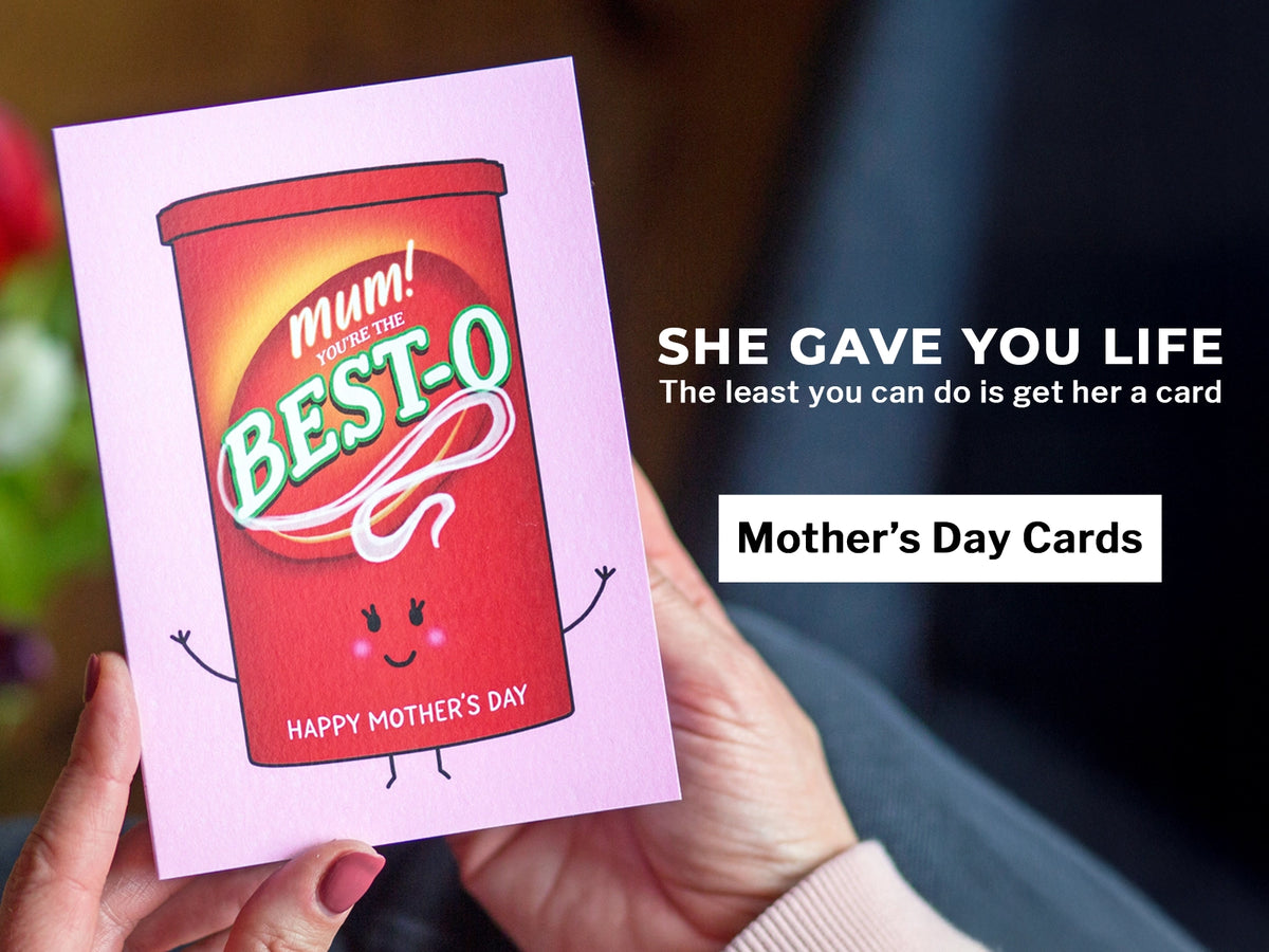 Hand holding a Mother's Day card with a cartoon Best-O product on a pink background.
