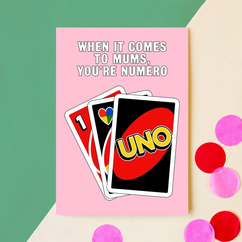Funny Mother's Day card featuring Uno illustration 