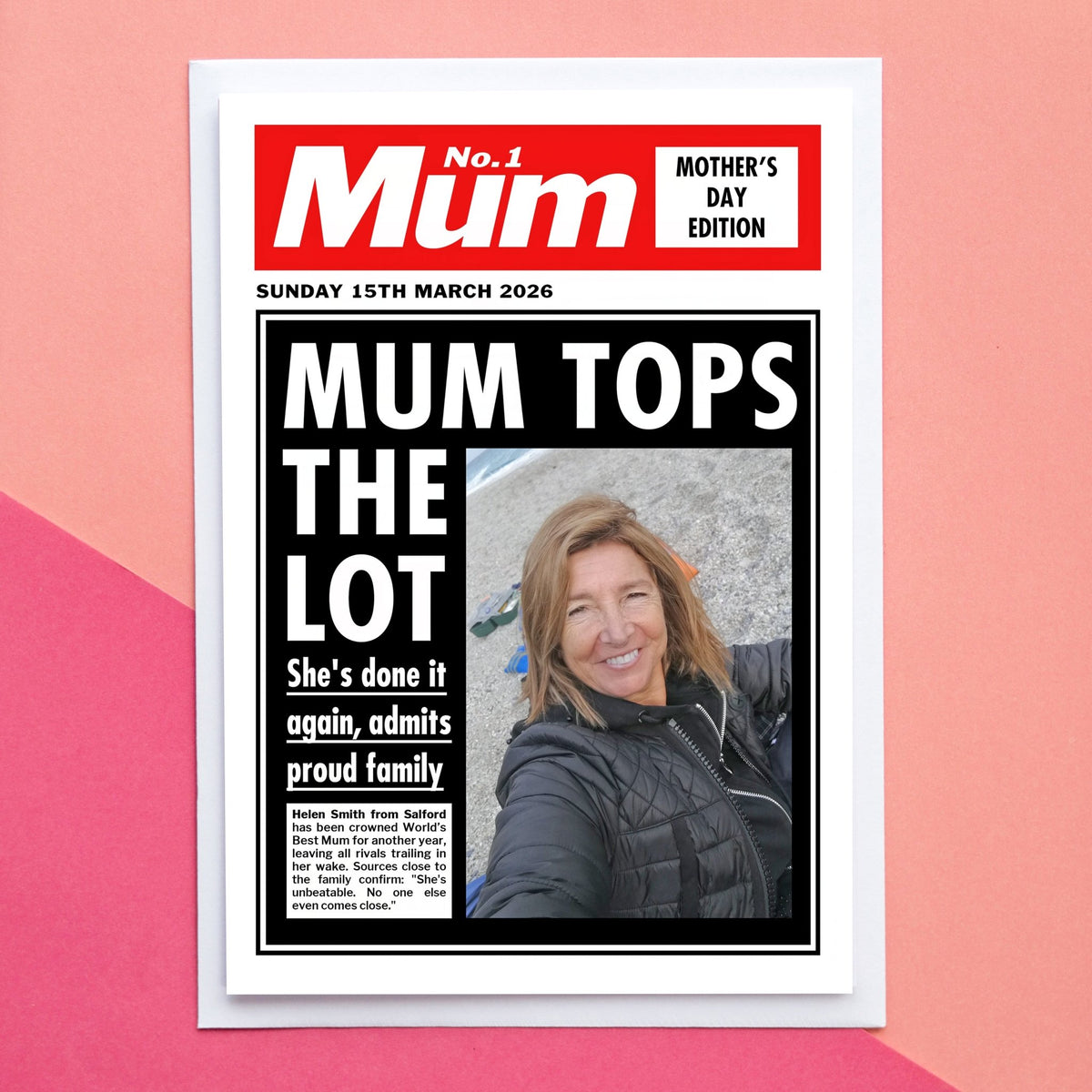 Newspaper-style design celebrating a 'No. 1 Mum' on Mother's Day with a woman's face on a pink background.
