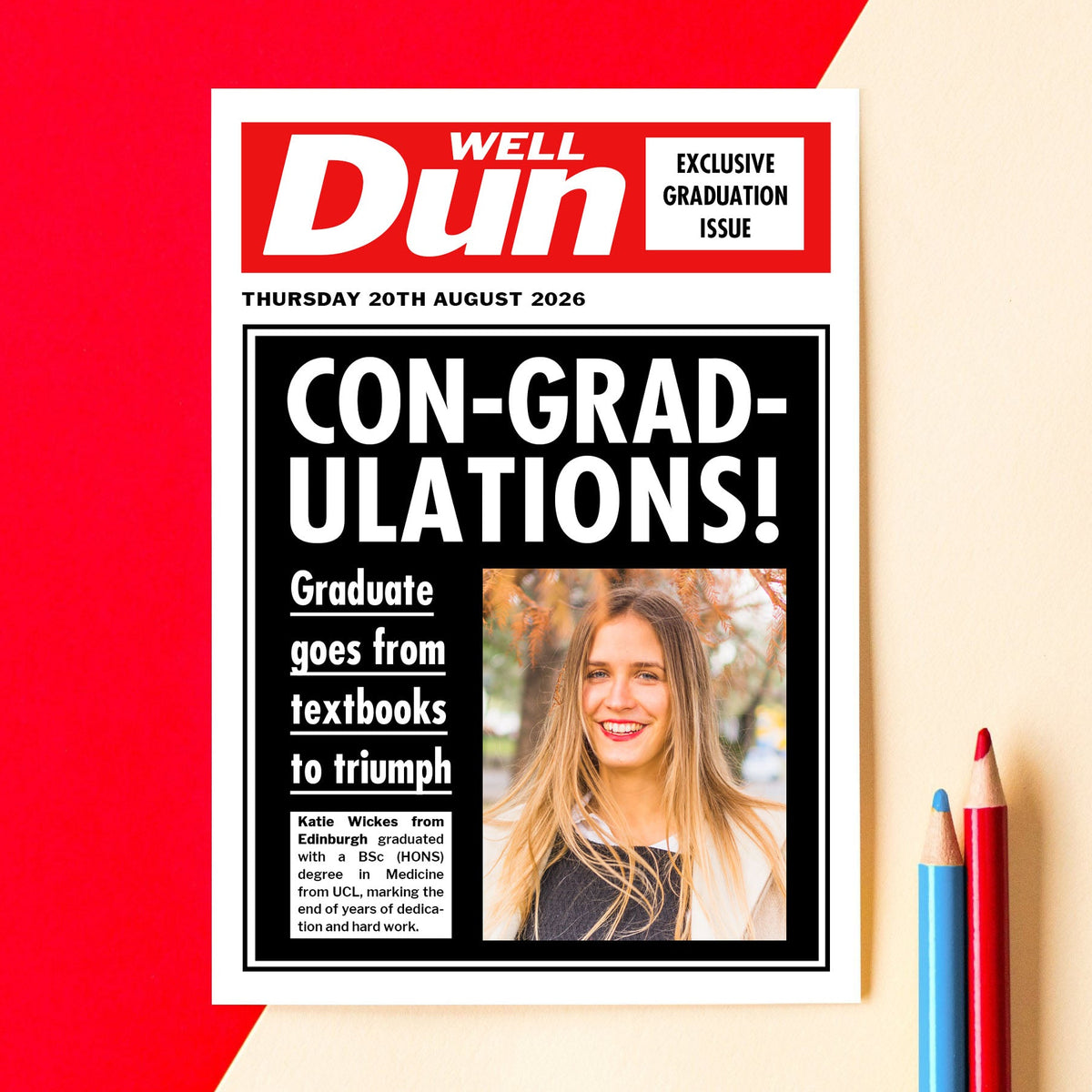 Graduation-themed newspaper with a congratulatory headline on a red and beige background