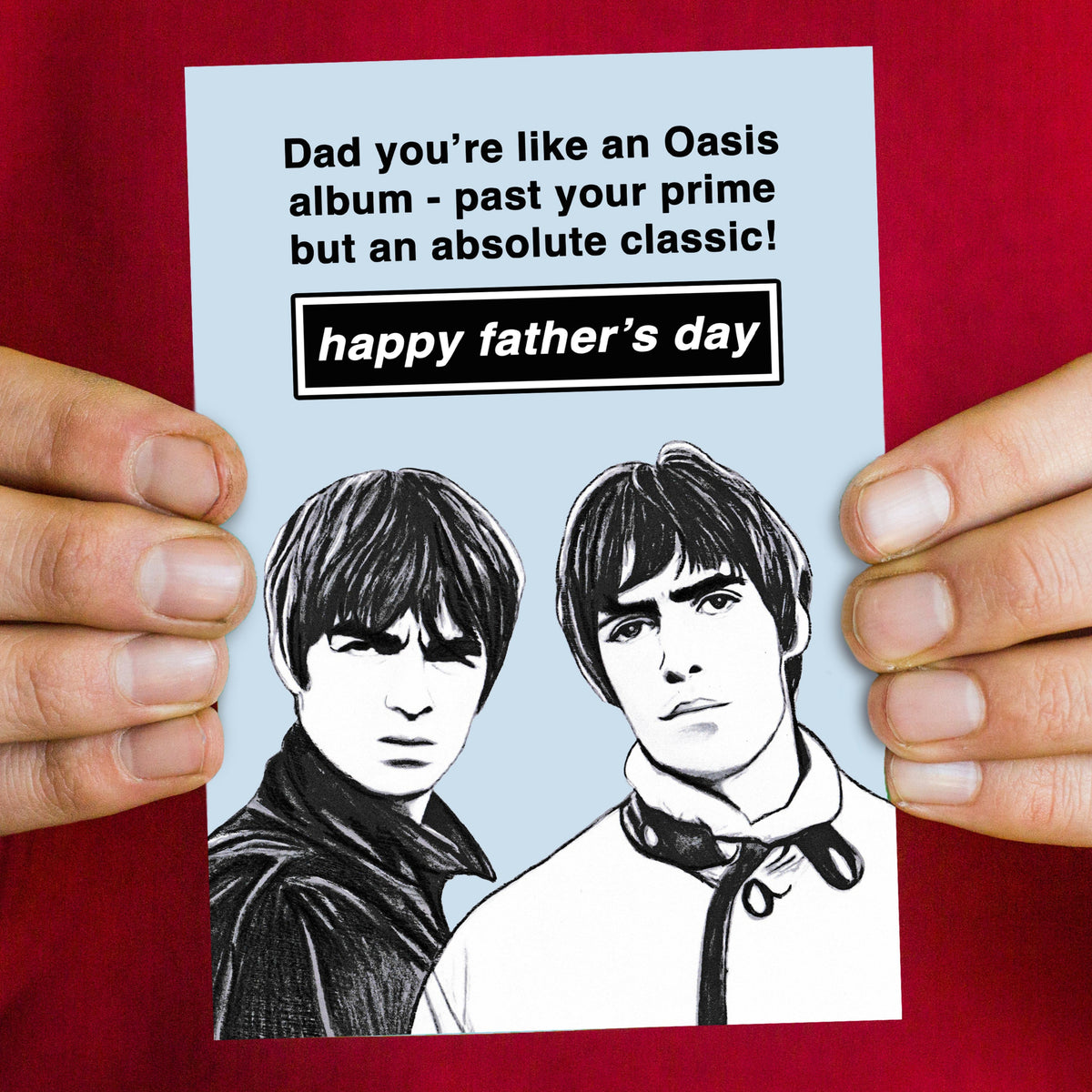 Oasis Father's Day card featuring an illustration of the gallagher brothers by Of Life & Lemons 