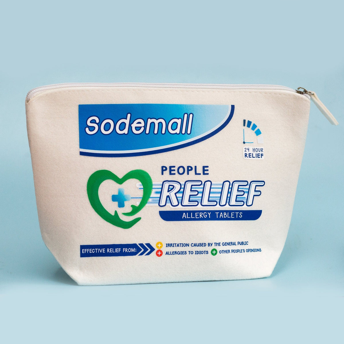 A cream-colored canvas zippered pouch featuring the Sodemall People Relief Allergy Tablets branding, set against a solid light blue background.