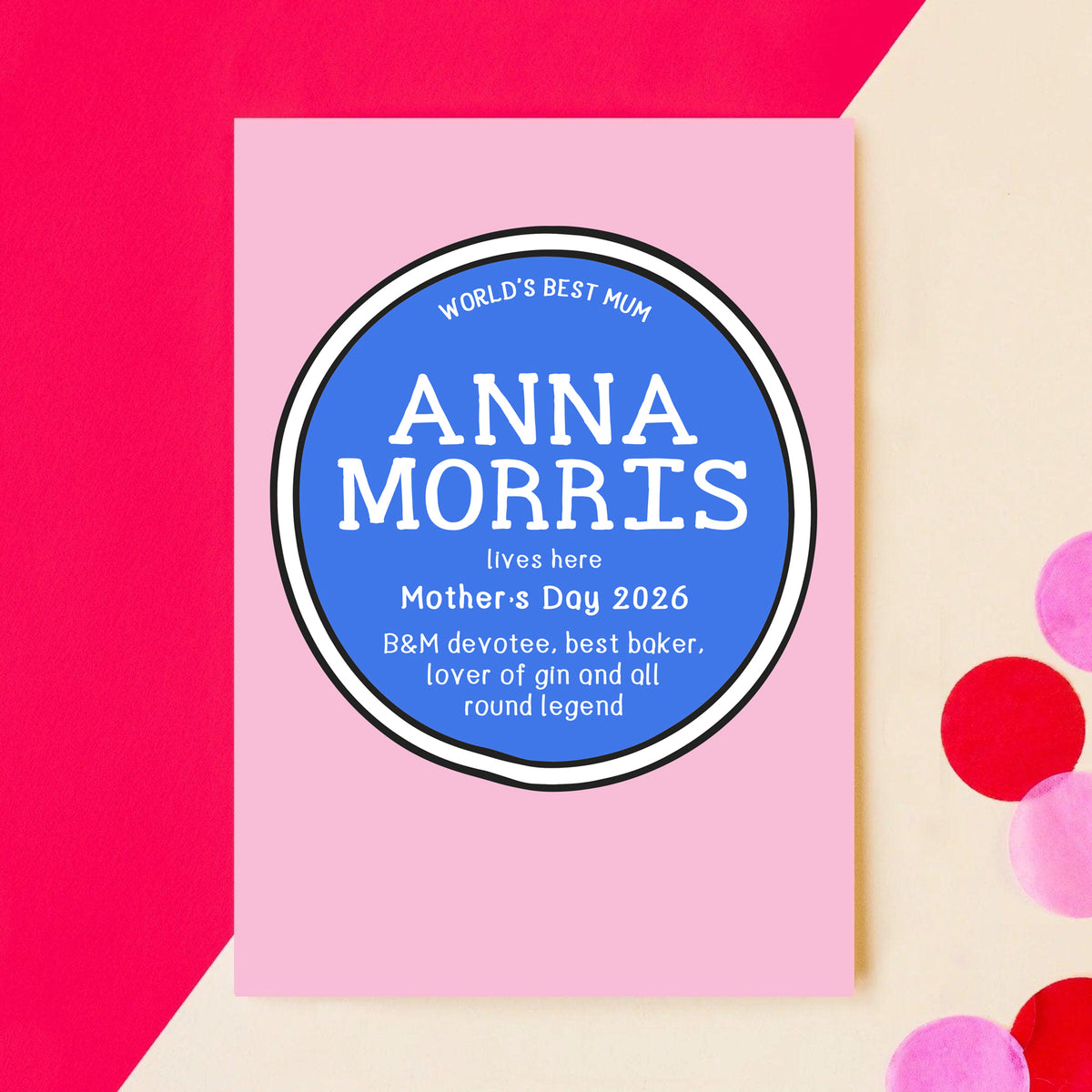 a personalised card for mum that features an illustration of a customisable blue plaque on a red and cream background