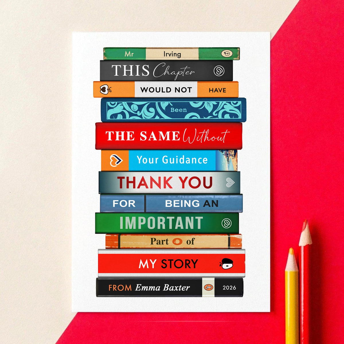 A card for a teacher that features a Stack of books with personalised thank you message on a red and beige background