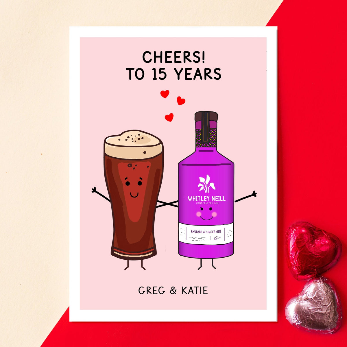 Anniversary card with cartoon beer glass and bottle with text 'Cheers! To 15 Years' on a pink background