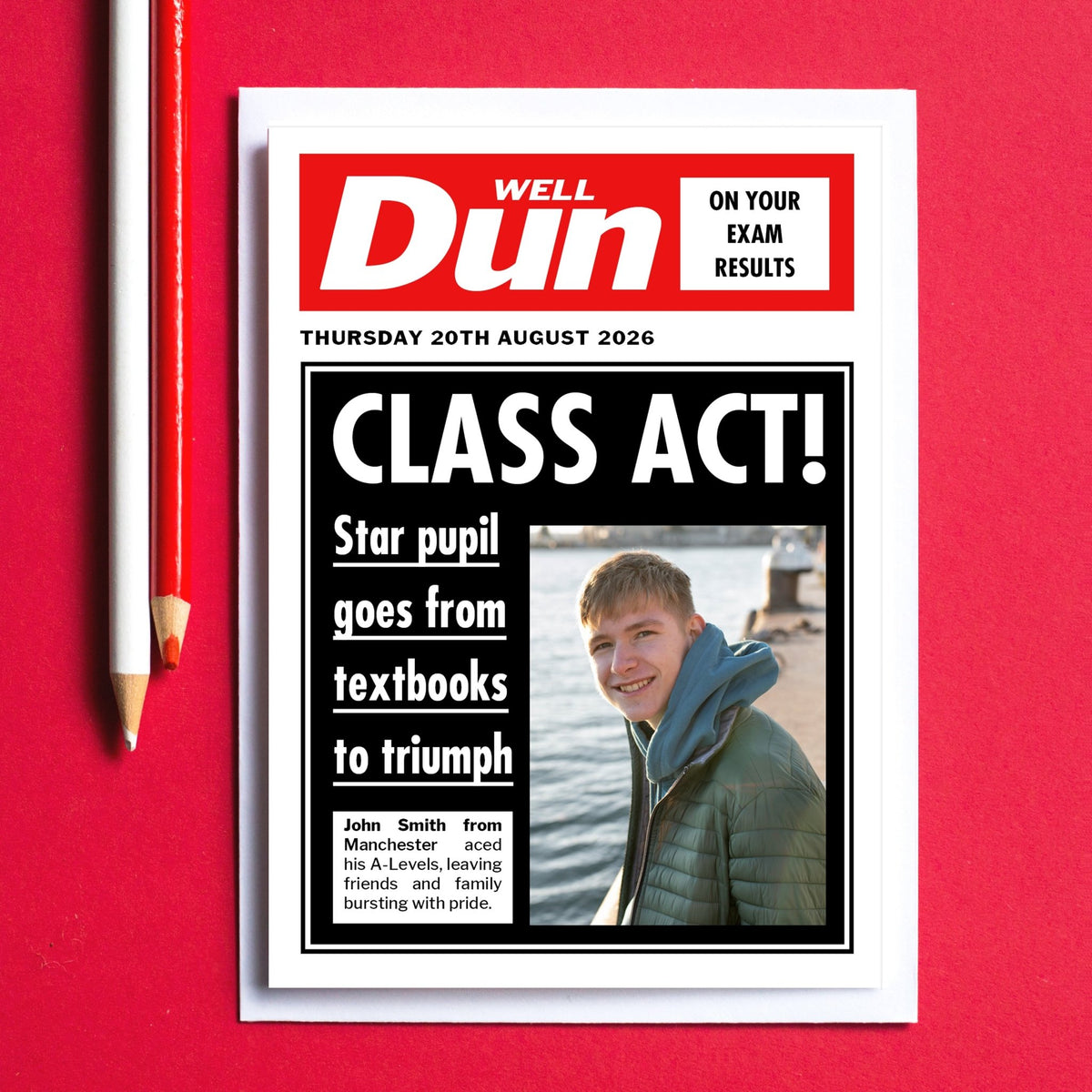 Newspaper-style greeting card with a congratulations on exam resluts message on a red background