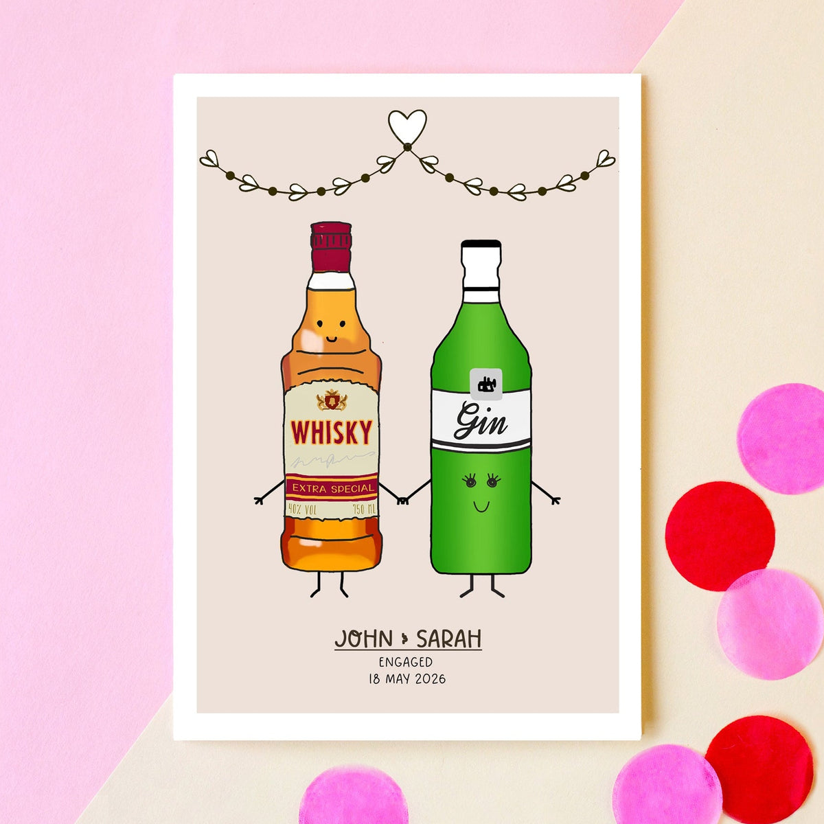 Custom engagement card featuring an llustration of a whisky bottle and a gin bottle with arms and legs on a beige background.