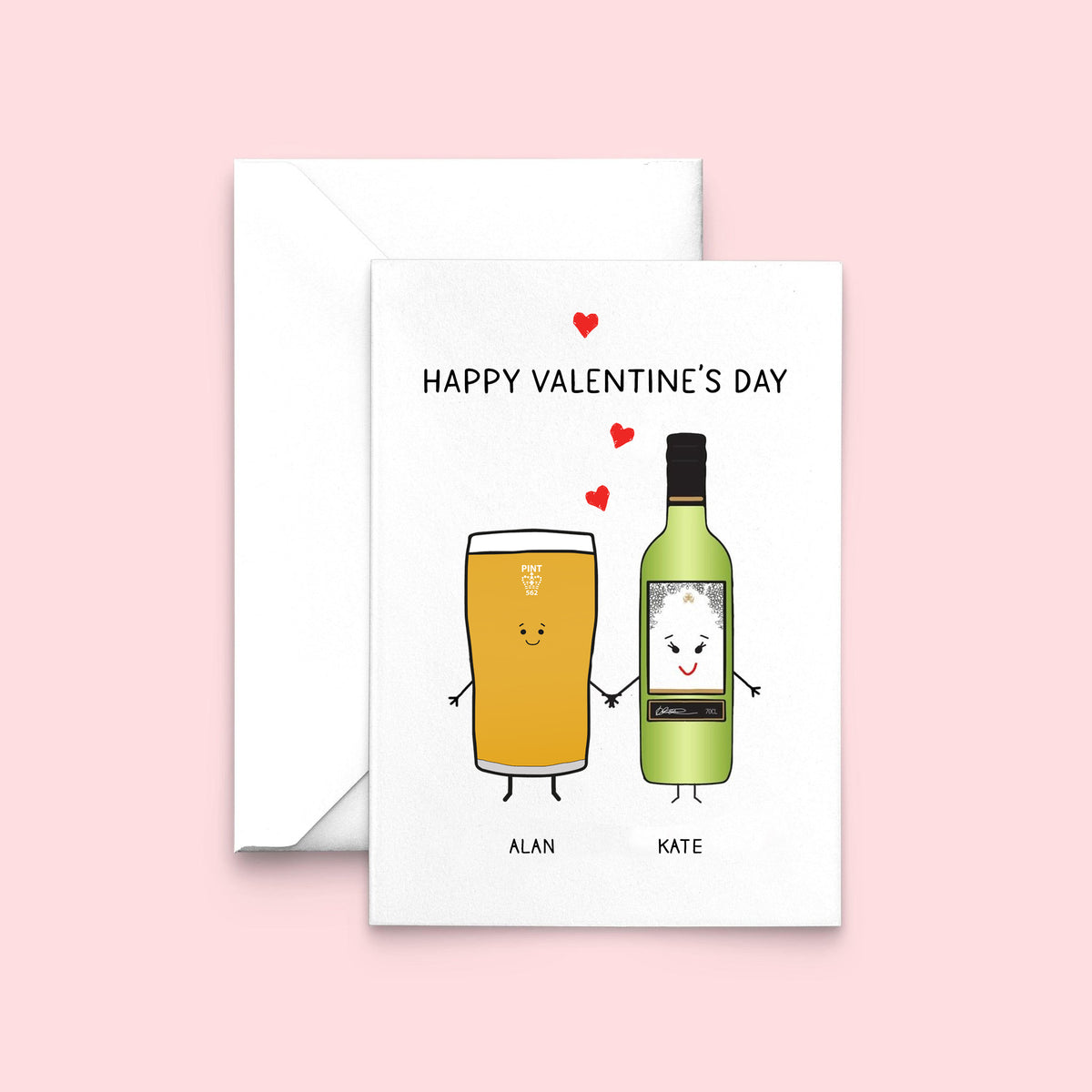 custom card for couple that says happy valentine's day plus their names and their favourite drinks 