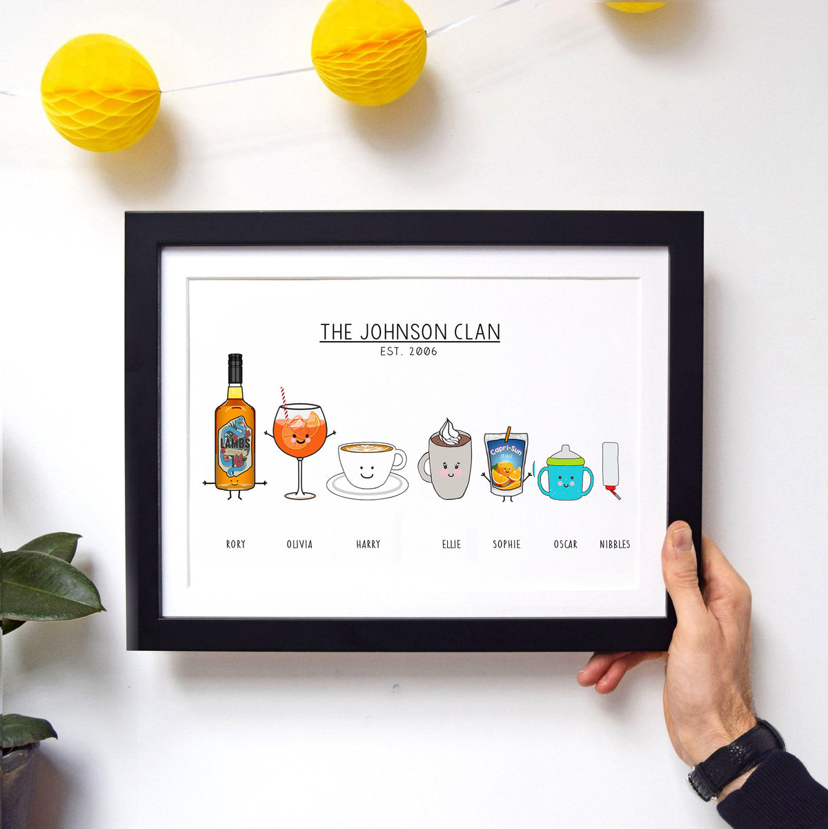 Framed print titled 'The Johnson Clan' with cartoon family members on a white background.