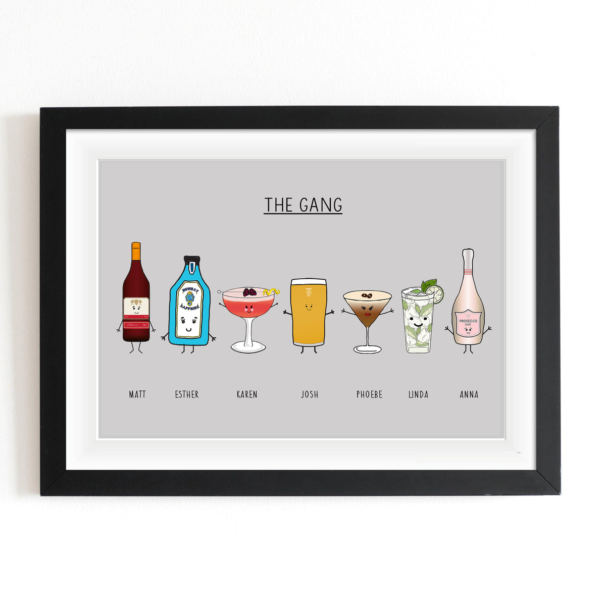 Framed artwork titled 'The Gang' featuring cartoon drinks on a gray background.