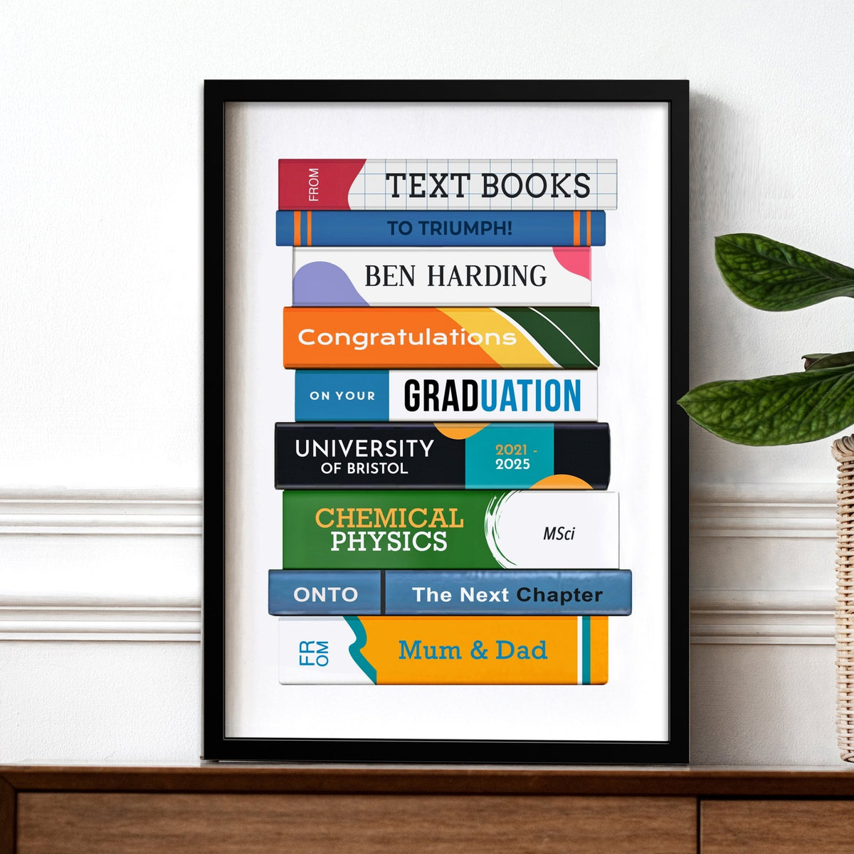 Framed graduation poster with colorful text books on a white background