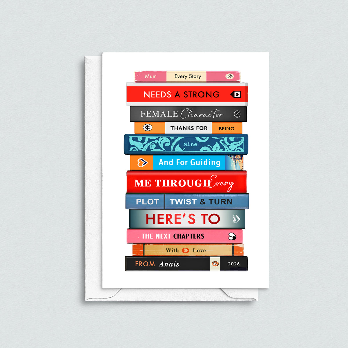 card for mum with a stack of books and thoughtful literary themed message personalised with a name