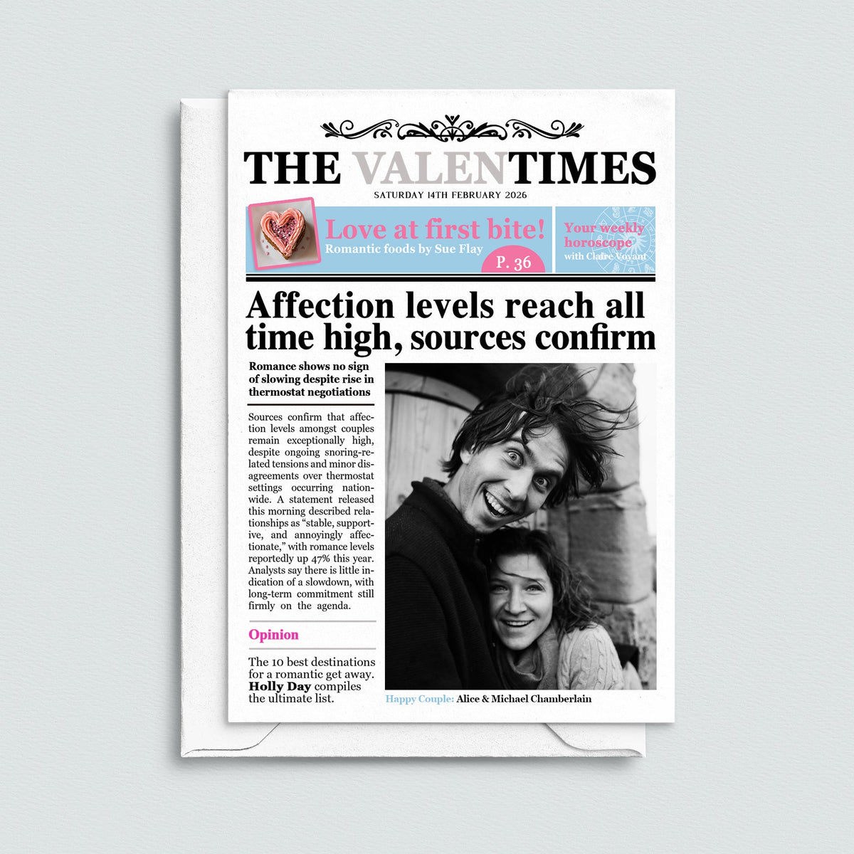 Valentine's Day card with a. newspaper cover titled 'The Valen Times' with a couple on the front