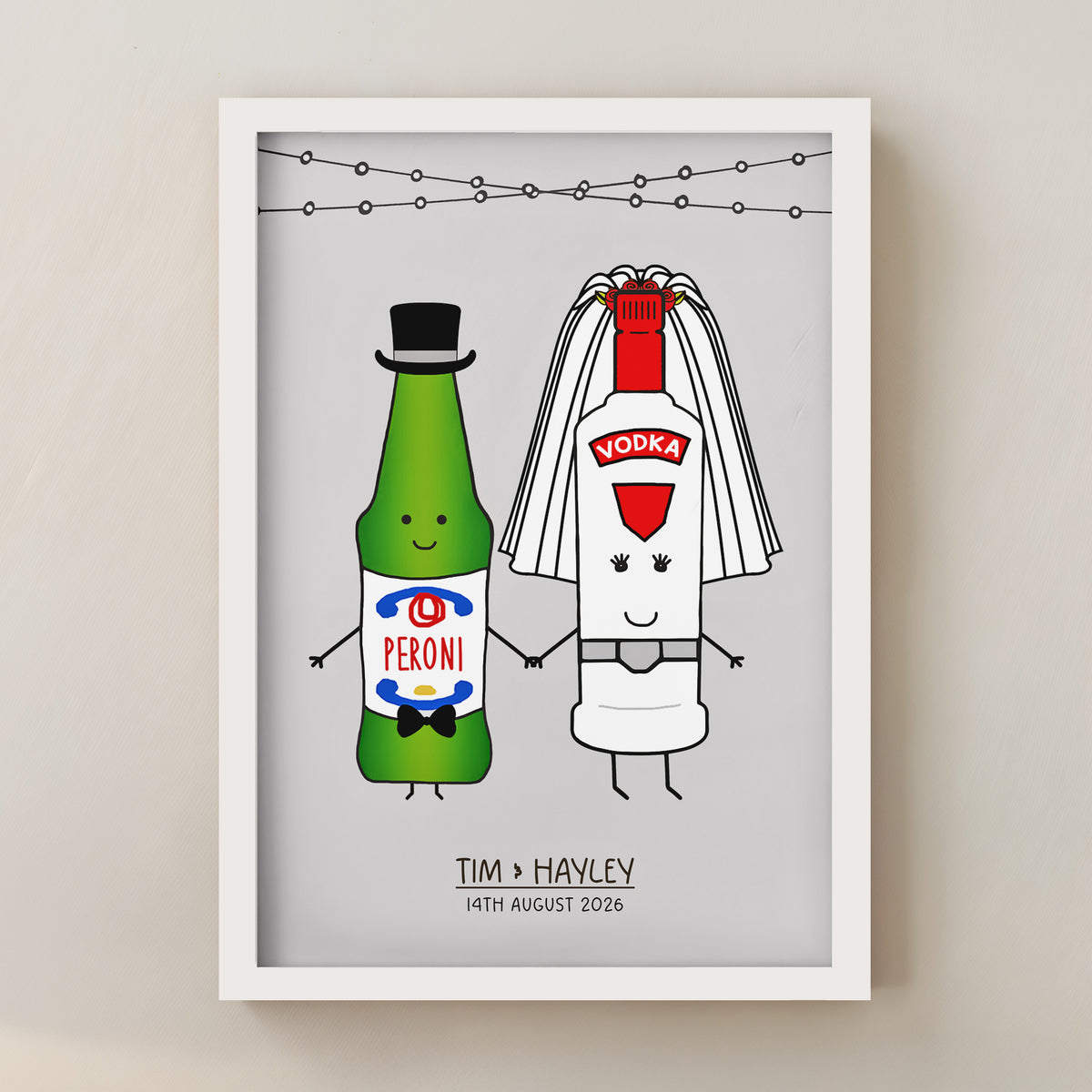 Illustration of a Peroni bottle and a Vodka bottle as bride and groom, framed on a light gray background.