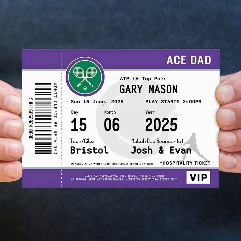 A personalised card for Dad designed to look like a ticket to a tennis match