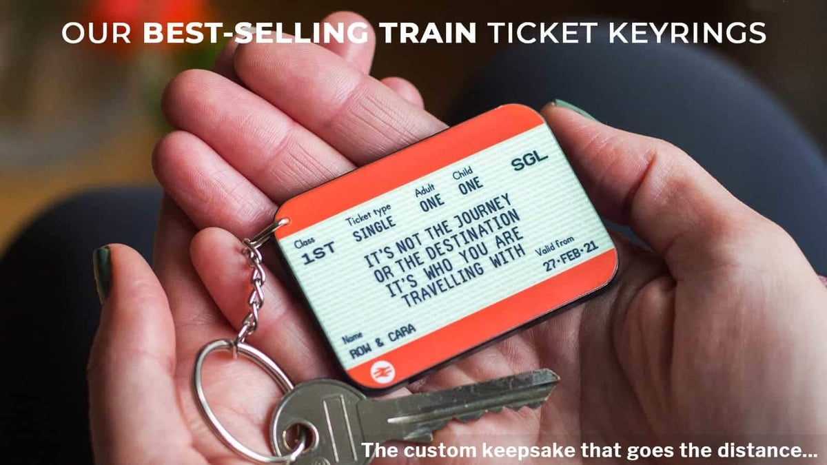 Person holding a keychain with a train ticket design, labeled as a best-selling product.