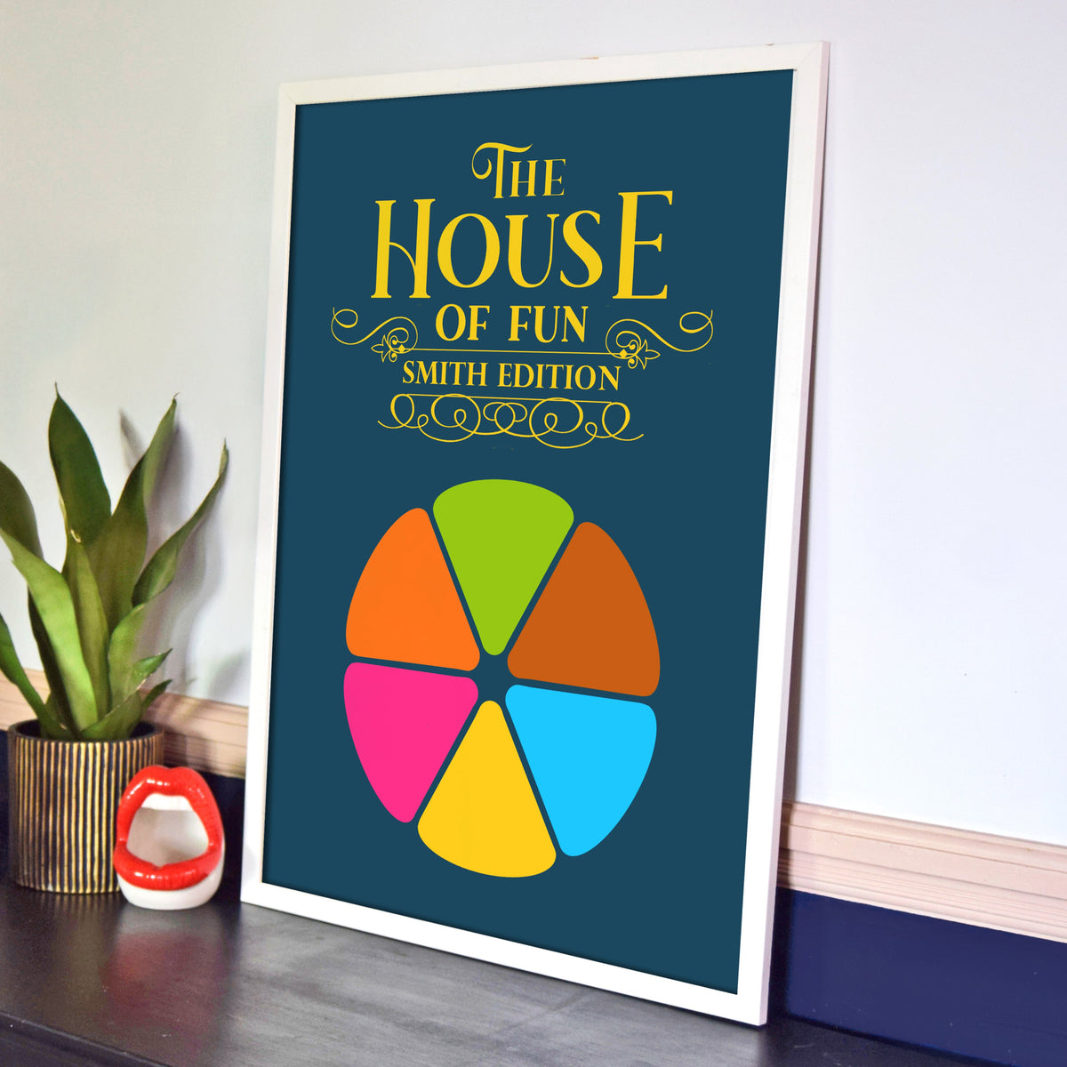 a personalised print designed to look like the board game trivial pursuit and personalised with your family name