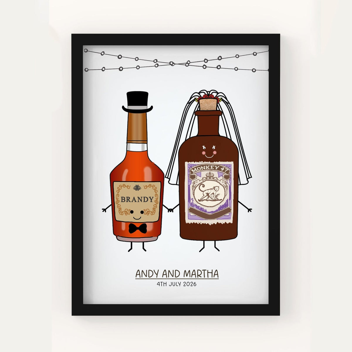 Framed artwork of cartoon brandy bottles named 'Brandy' and 'Monkey 47', with a white background.