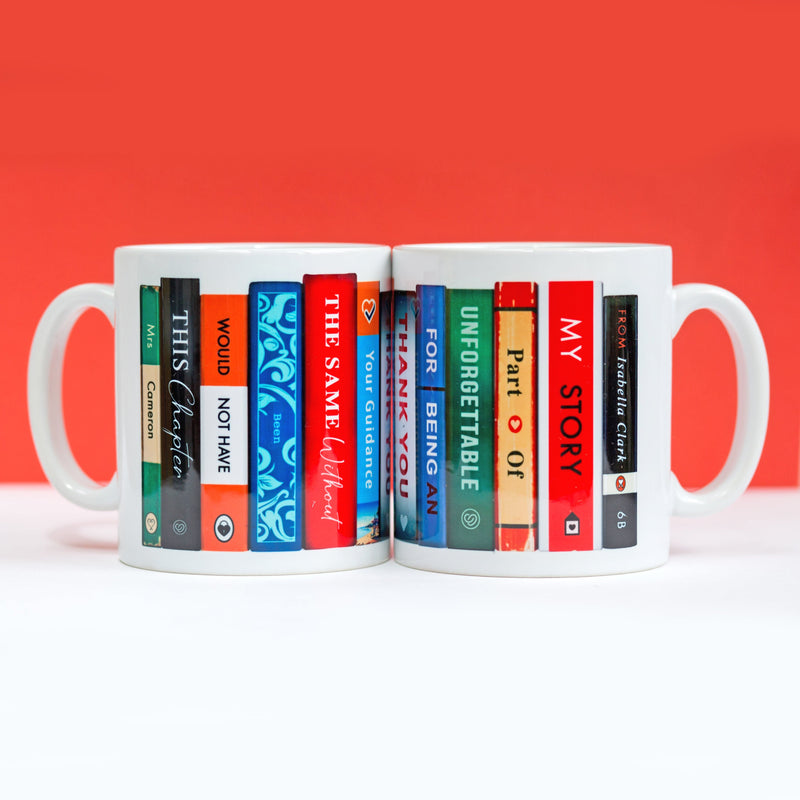 a personalised mug with a literary theme and customised with teachers name and who it is from