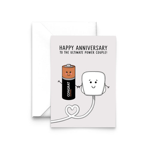 anniversary card featuring illustrations of a plug and batter with funny pun