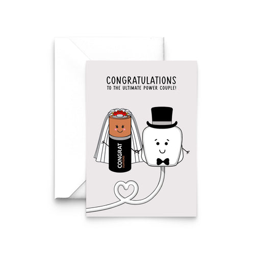 wedding card featuring illustrations of a plug and batter with funny pun
