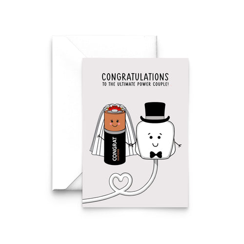 wedding card featuring illustrations of a plug and batter with funny pun