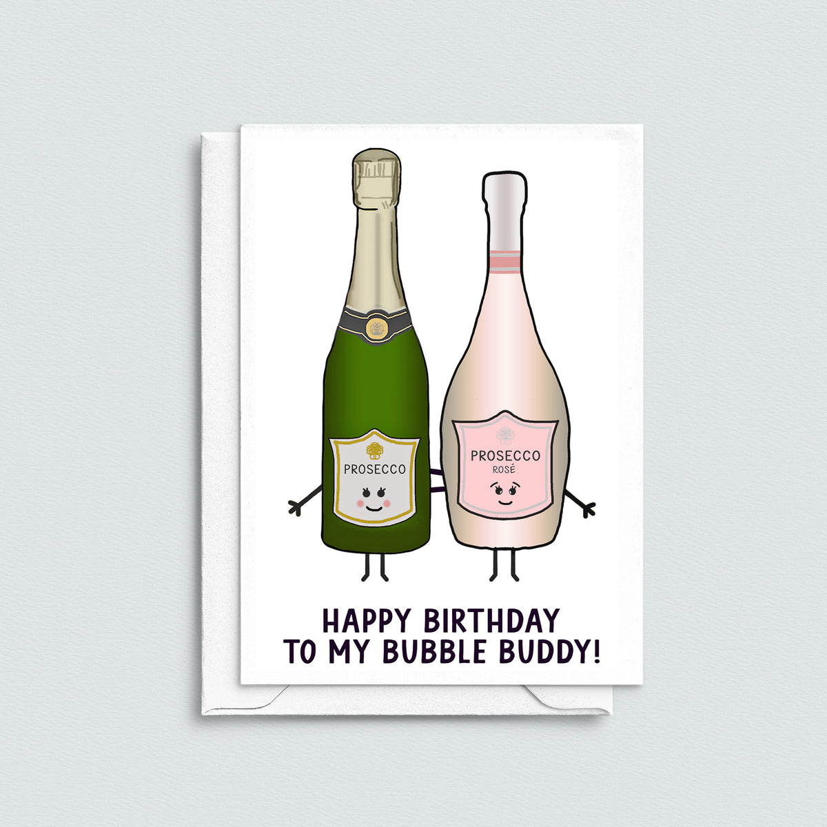a prosecco themed birthday card for a friend pictured with a white envelope on a grey background