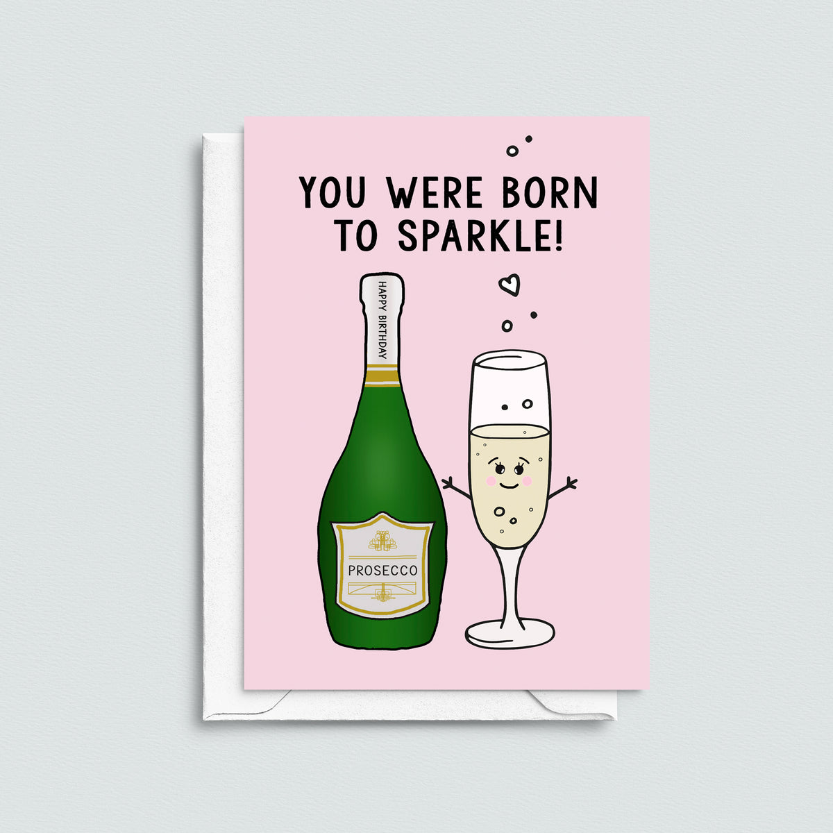 Greeting card with Prosecco bottle and glass on a pink background