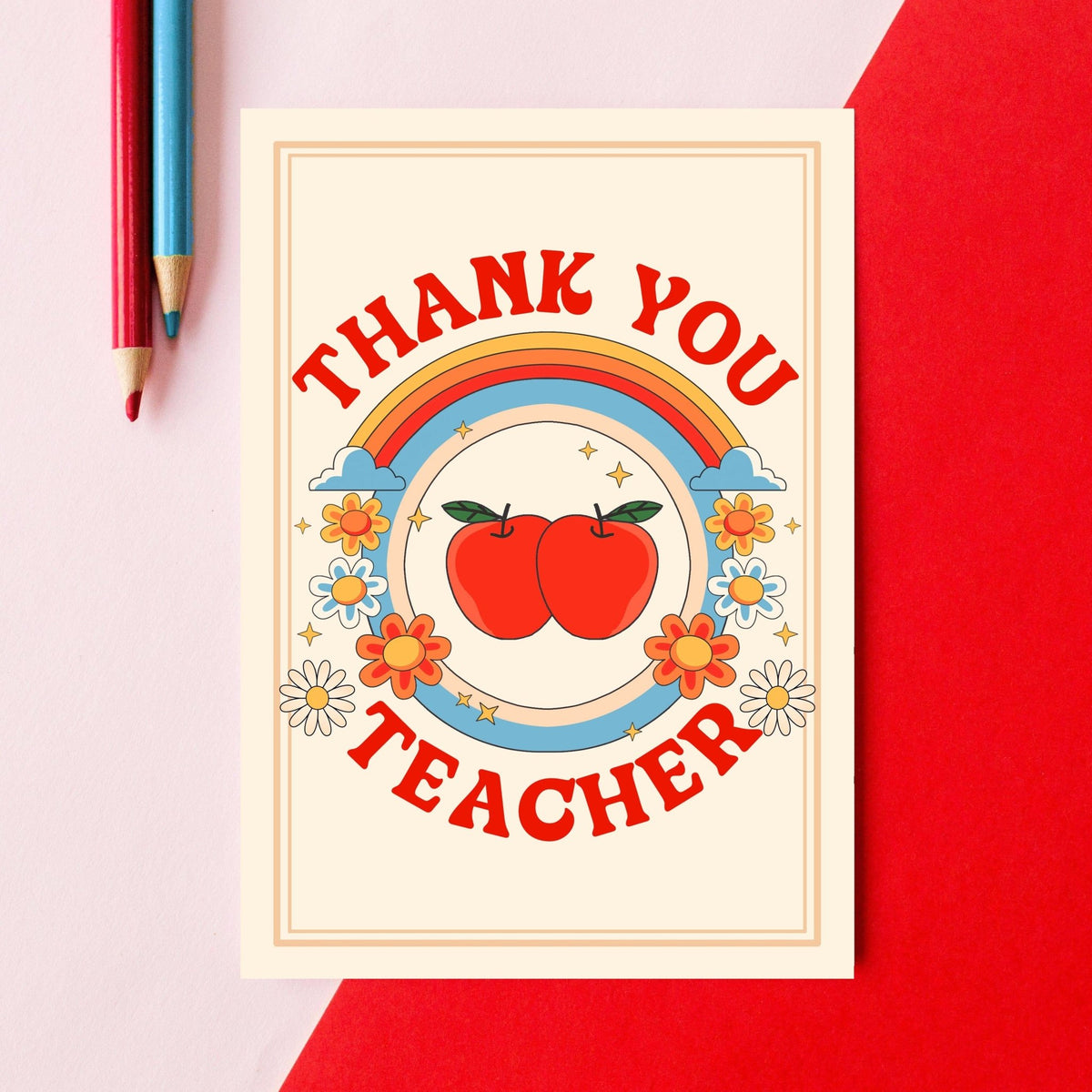 a card with a retro design that says thank you teacher on a pink and red background