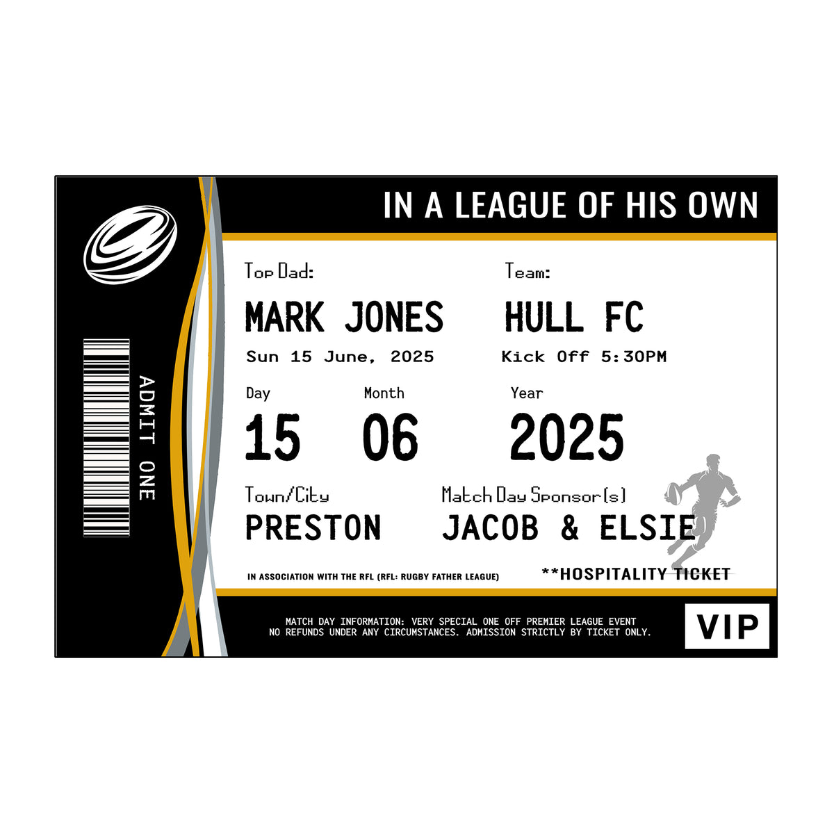 Personalised Rugby Ticket Print for Dad