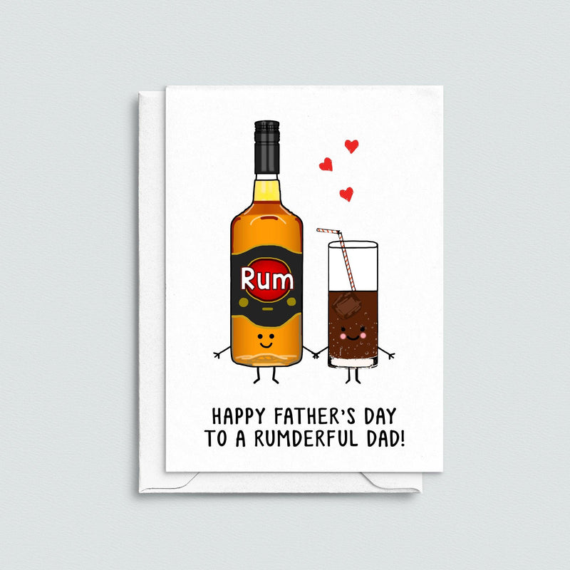 Father's Day card featuring illustrations of a bottle and glass of rum and a funny pun