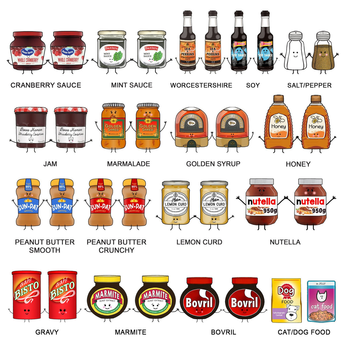 Illustrations of various condiments with cartoon faces on a white background
