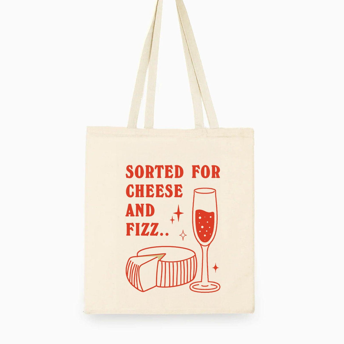 Funny tote bag featuring a pun on the Pulp song 'Sorted for E's and Wizz' making it cheese and fizz