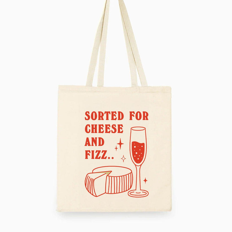 Funny tote bag featuring a pun on the Pulp song 'Sorted for E's and Wizz' making it cheese and fizz