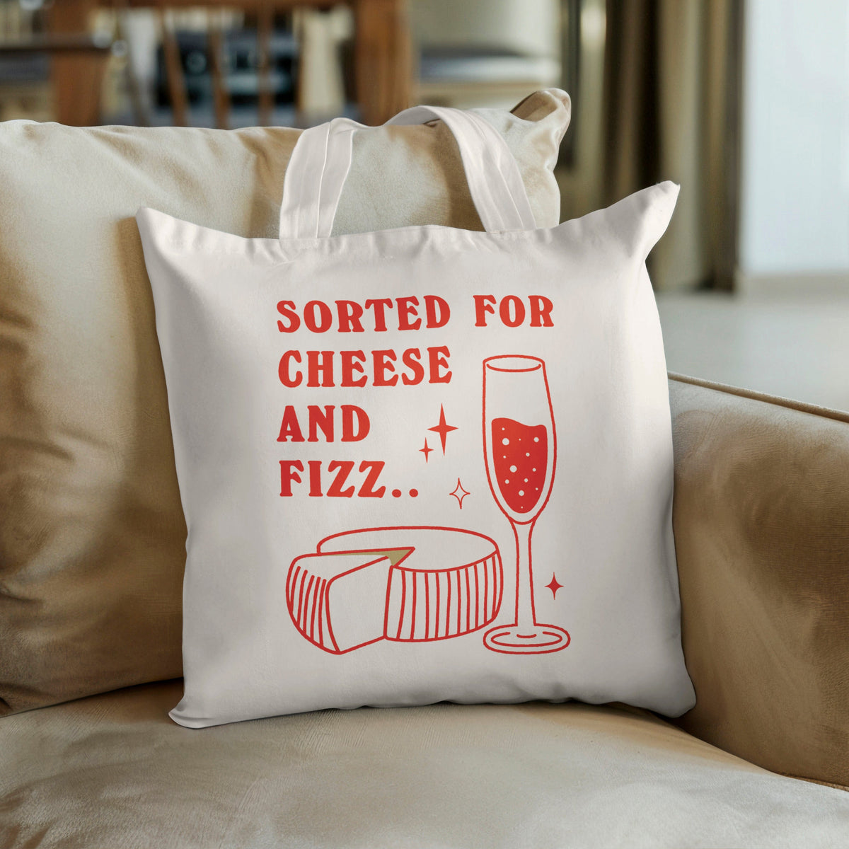Cotton tote bag featuring a funny pun about cheese and wine
