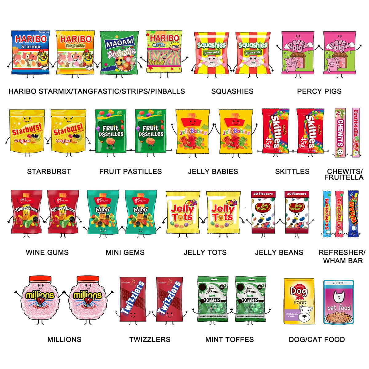Animated candy packages with cartoon arms and legs on a white background
