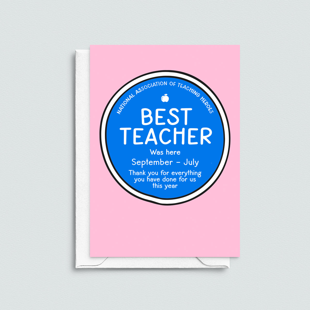 card and envelope on a grey background. The card for a teacher features an illustration of a blue plaque with 'nest teacher was here' and thank you message