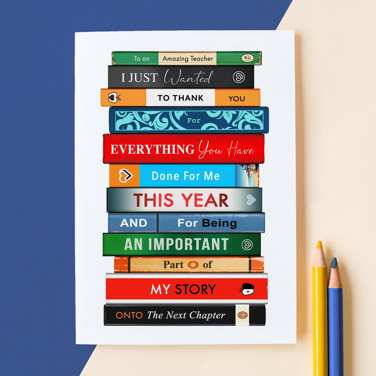 book stack thank you teacher card on a blue and cream background